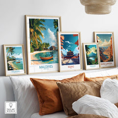Maldives Wall Art Print displayed among other travel-themed prints in a stylish interior decor setting.