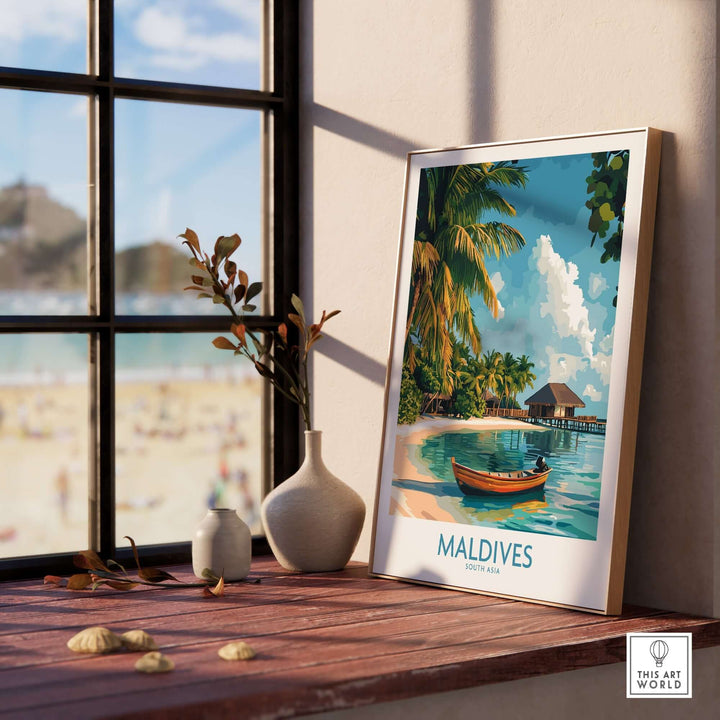 Maldives wall art print featuring a tropical beach scene with palm trees and a traditional boat, perfect for home decor.