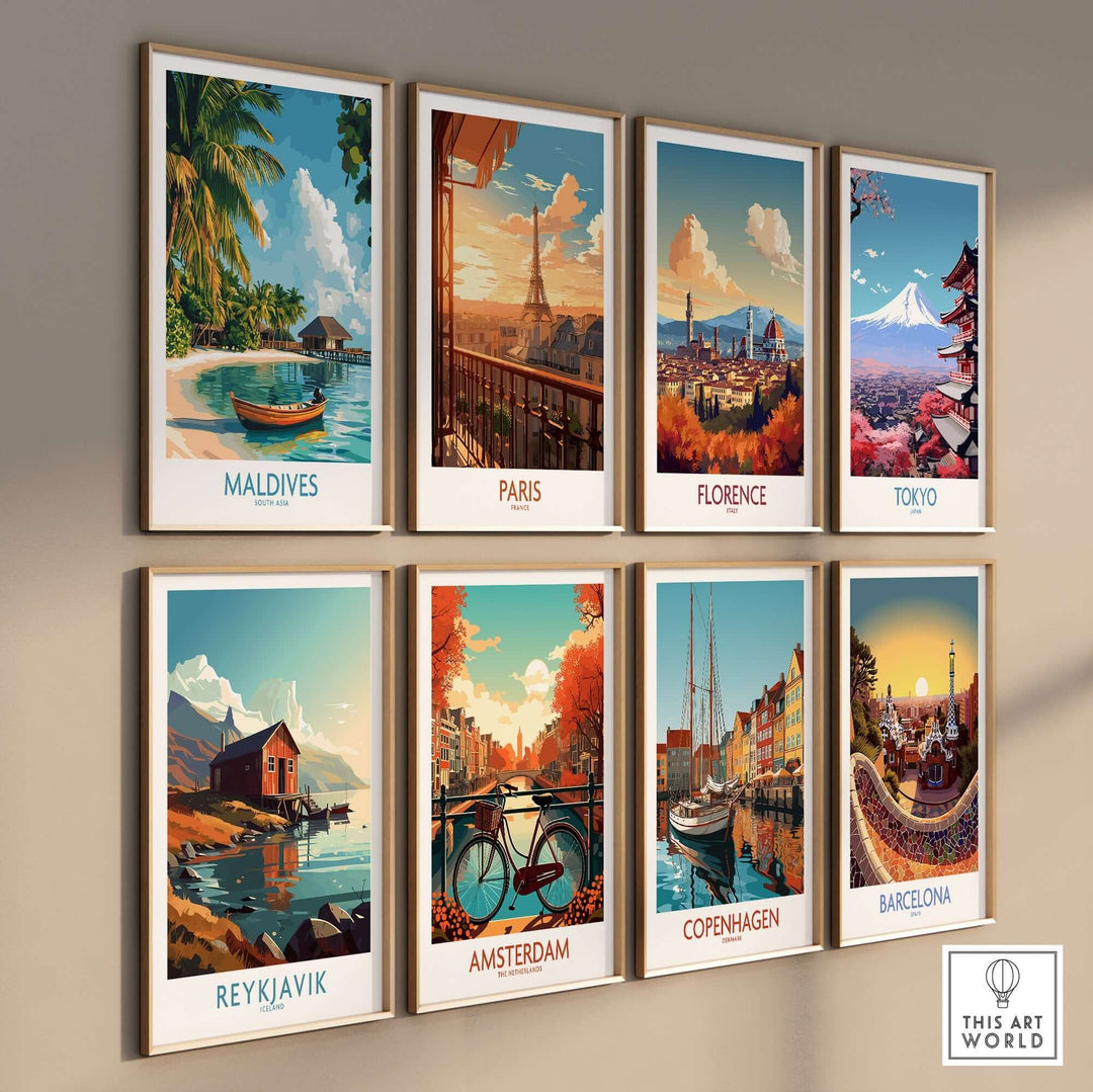 Colorful wall art print collection featuring Maldives, Paris, Florence, Tokyo, Reykjavik, Amsterdam, Copenhagen, and Barcelona.