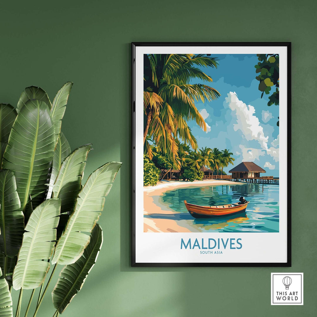 Maldives wall art print featuring a tropical beach scene with palm trees and a boat, perfect for home decor.