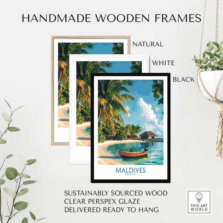 Handmade wooden frames in natural, white, and black for Maldives wall art, sustainably sourced and ready to hang.