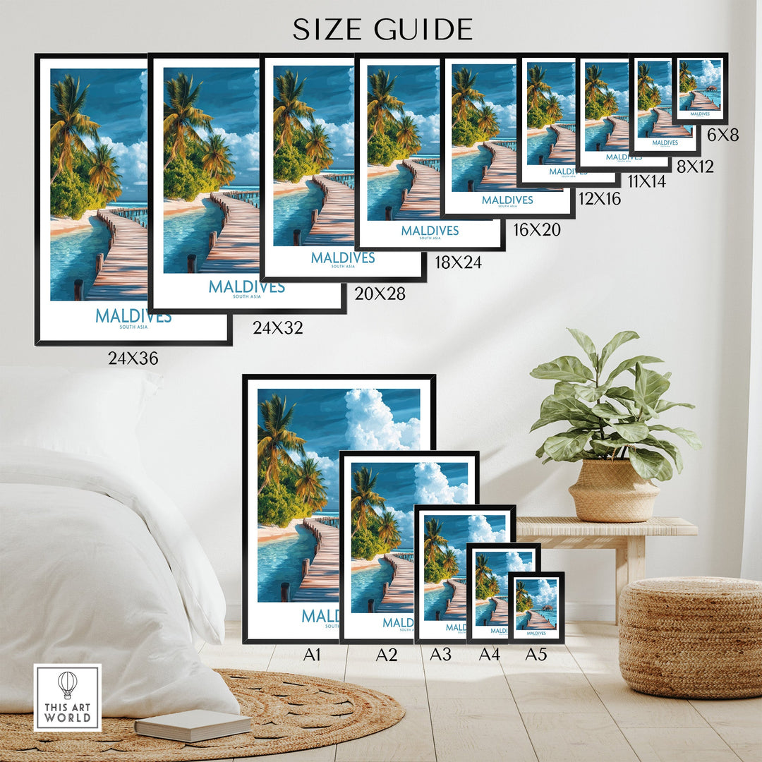 Maldives wall art print size guide featuring a tropical beach scene with various frame sizes displayed in a modern living space.