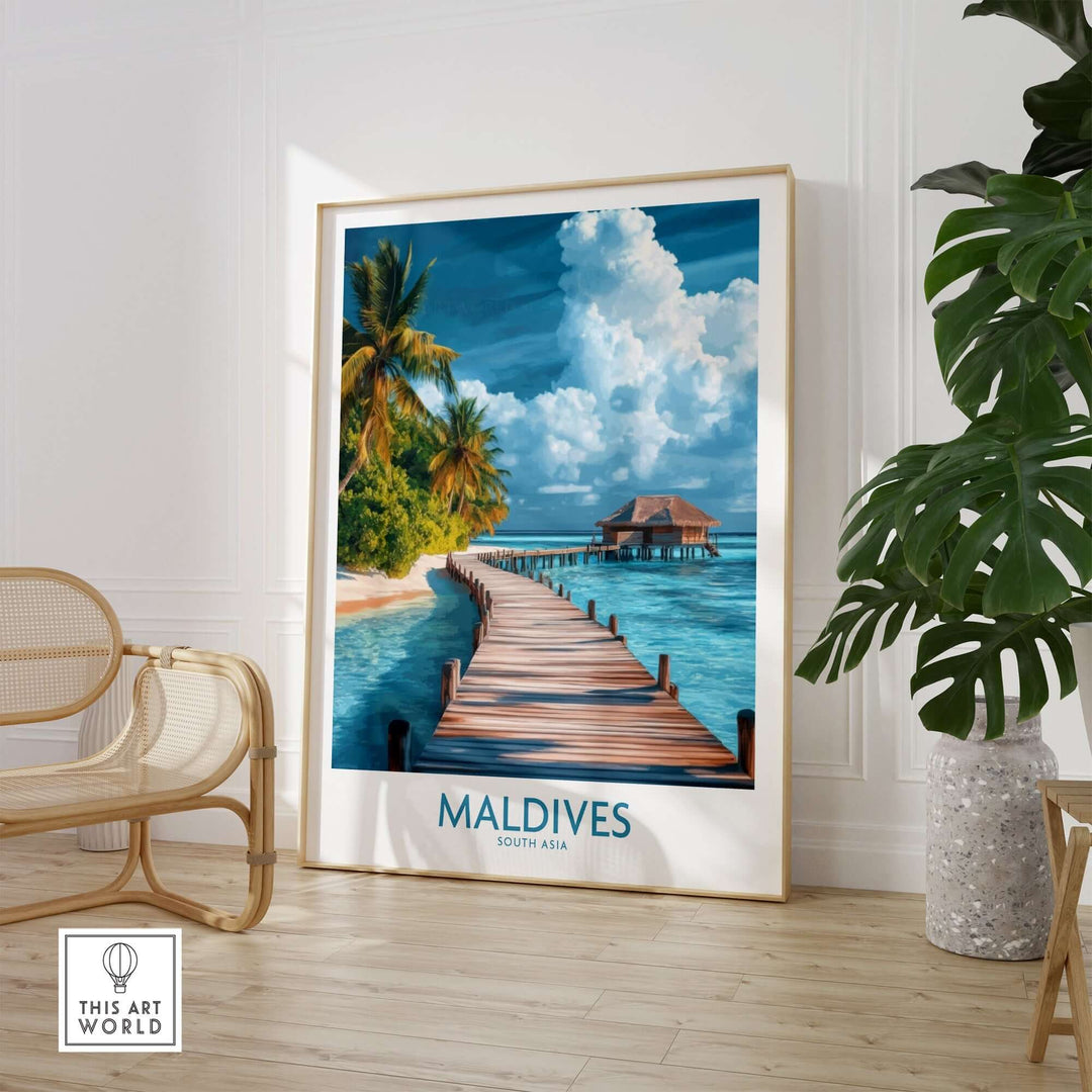 Maldives wall art print featuring a serene beach scene with palm trees and a wooden pier in South Asia.