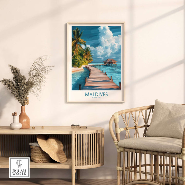 Maldives wall art print featuring a serene beach scene with a wooden pier and tropical palm trees.