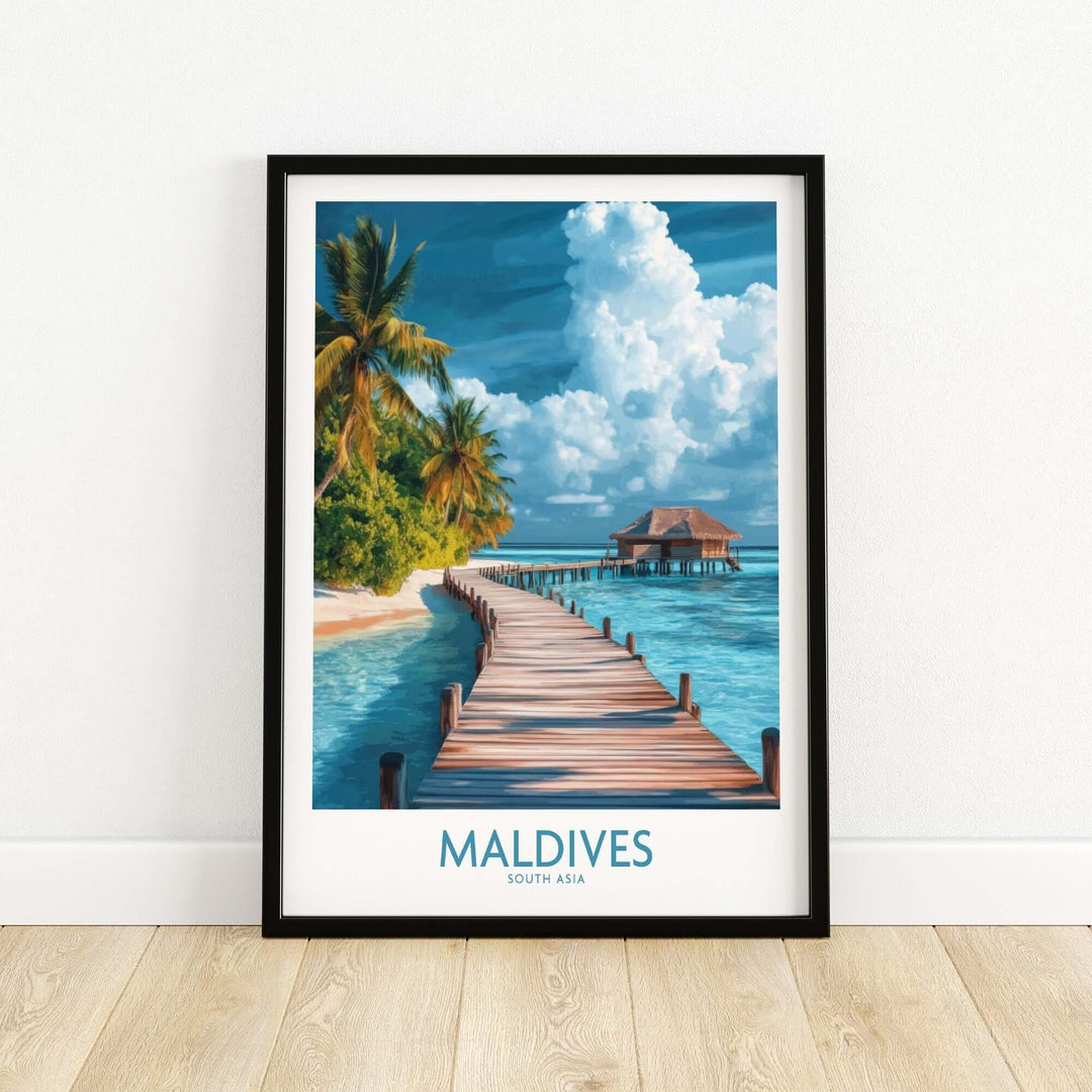 Maldives wall art print featuring a serene beach scene with a wooden pier and tropical foliage.