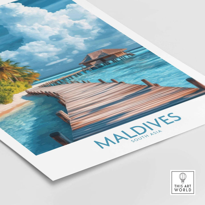 Maldives wall art print featuring a serene beach scene with a wooden pier and vibrant blue waters.