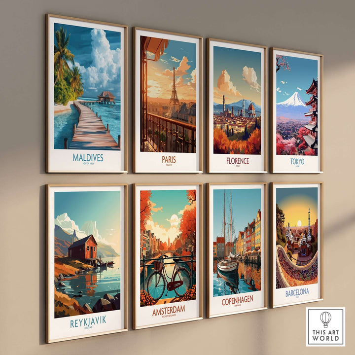 Colorful wall art prints of famous cities including the Maldives, Paris, Florence, Tokyo, Reykjavik, Amsterdam, Copenhagen, and Barcelona.