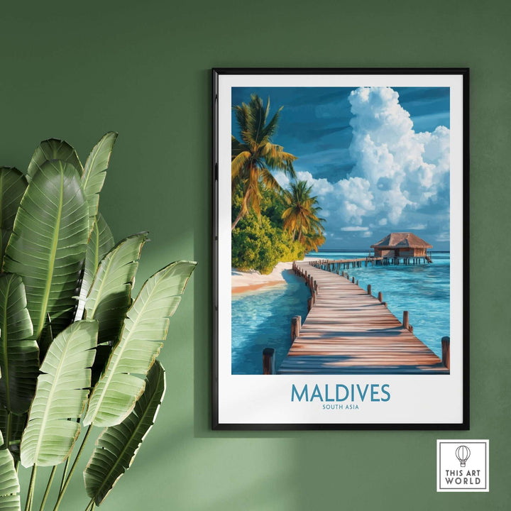 Maldives wall art print featuring a serene beach scene with palm trees and a wooden walkway over the water.