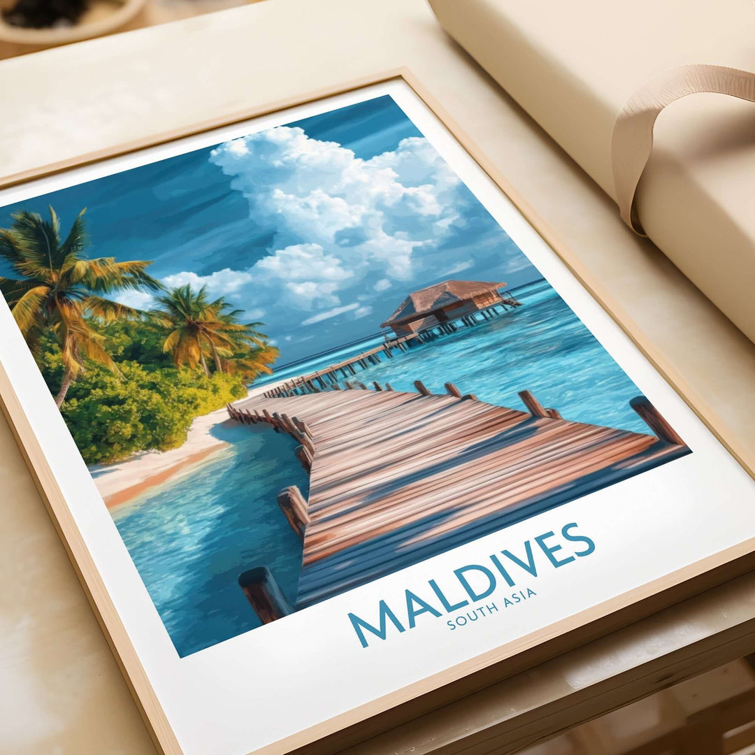 Maldives wall art print featuring a serene beach scene with a wooden pier and tropical palm trees.