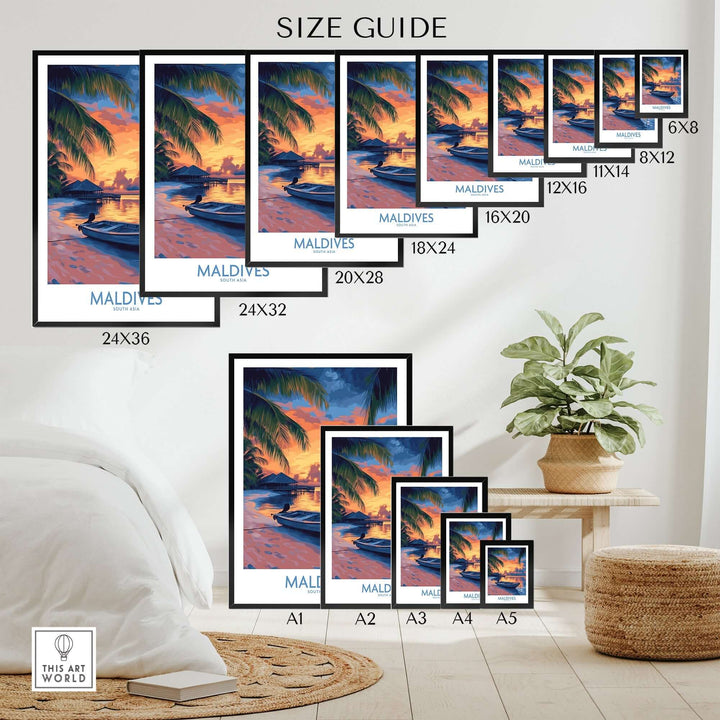 Maldives wall art print size guide showcasing various dimensions and a sunset scene over a beach with palm trees.