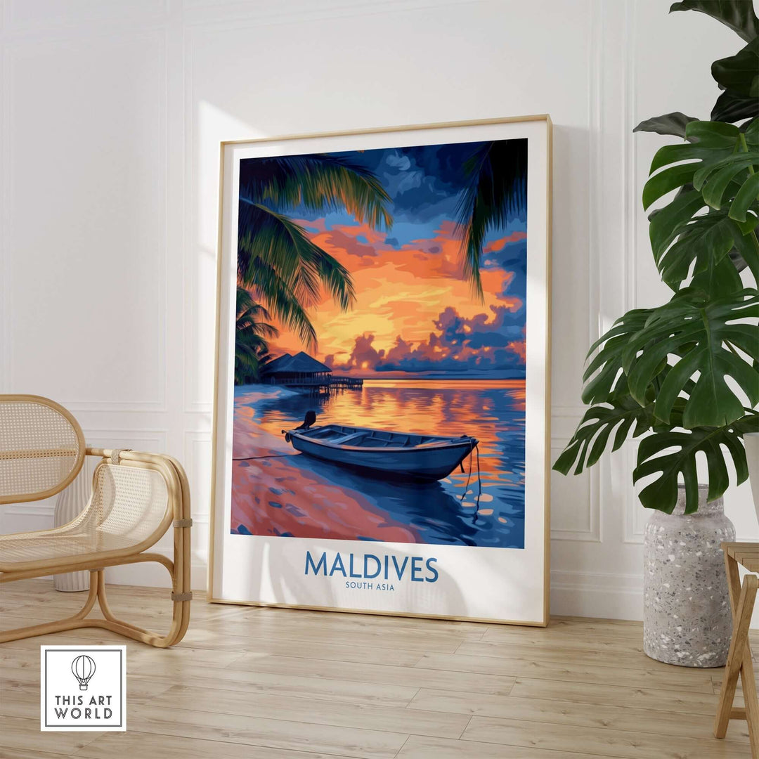 Maldives wall art print featuring a beautiful sunset, showcasing a boat on serene waters and lush palm trees.