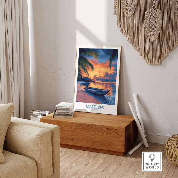 Maldives wall art print featuring a vibrant sunset and a boat, perfect for home decor and tropical themes.