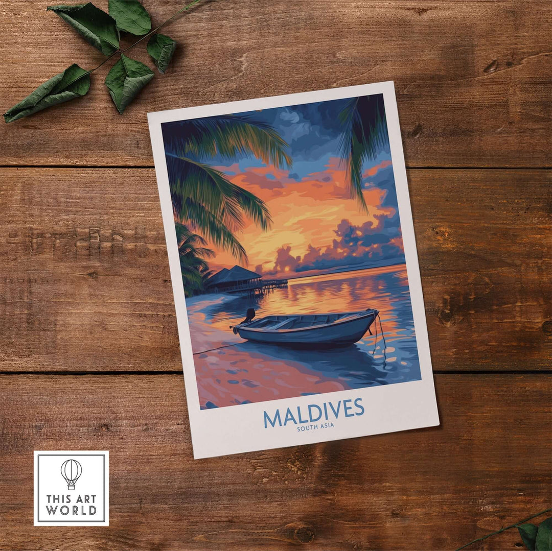 Maldives wall art print featuring a vibrant sunset over the water with a boat, ideal for beach lovers' decor.