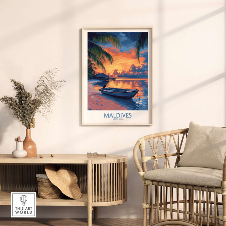 Maldives wall art print featuring a serene sunset over a tranquil beach with a boat, creating a warm and inviting atmosphere.