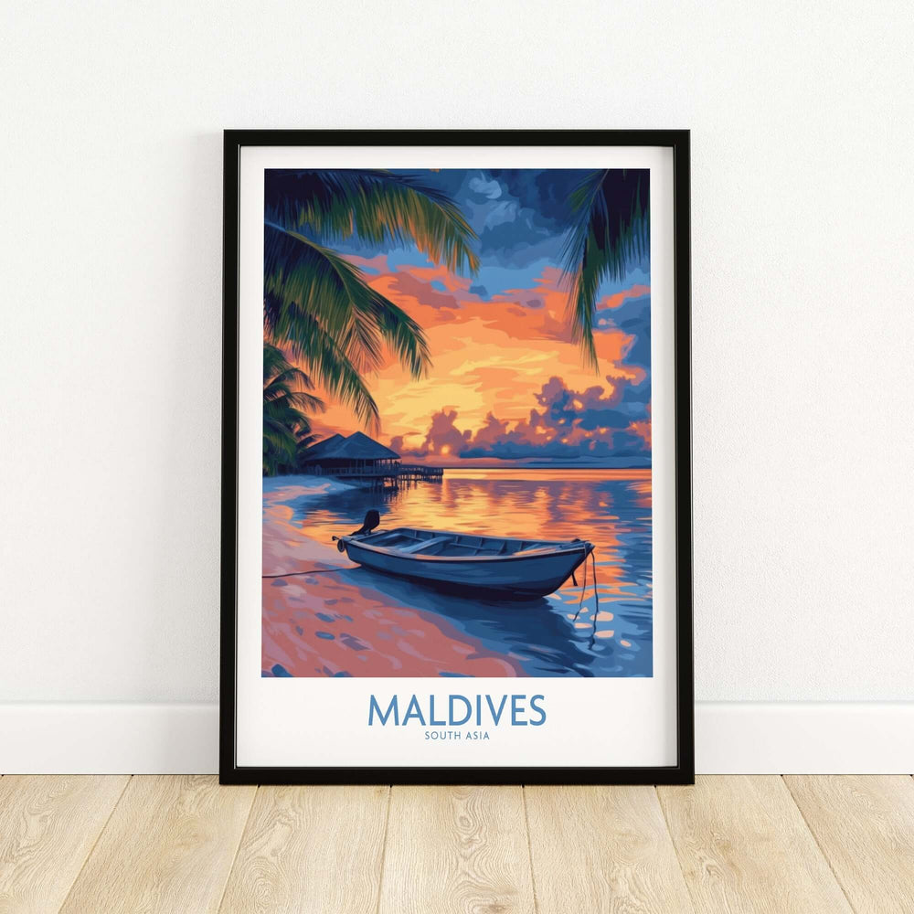 Vibrant sunset wall art print featuring a boat in the Maldives, surrounded by palm trees and reflective water.