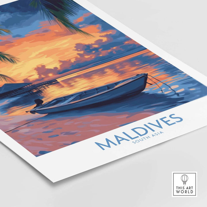 Maldives wall art print featuring a serene sunset over the water with a small boat, perfect for home decor.