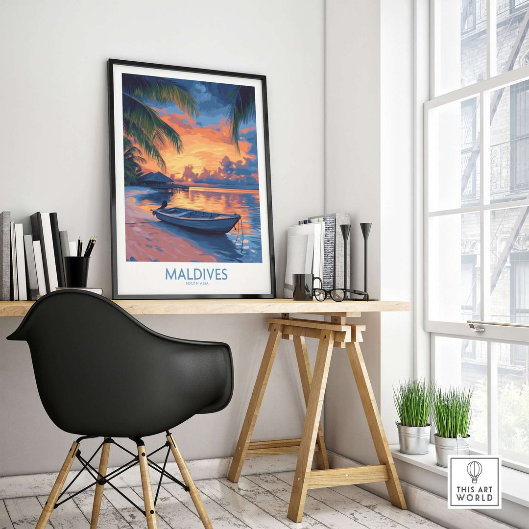 Maldives Sunset wall art print featuring a serene ocean scene and vibrant colors in a stylish interior setting.