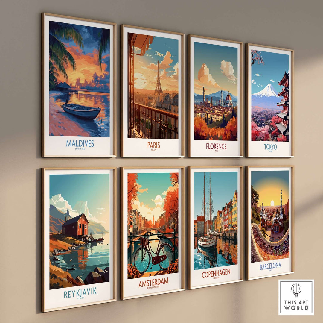 Collection of travel wall art prints featuring Maldives, Paris, Tokyo, and more, showcasing stunning sunset scenes.