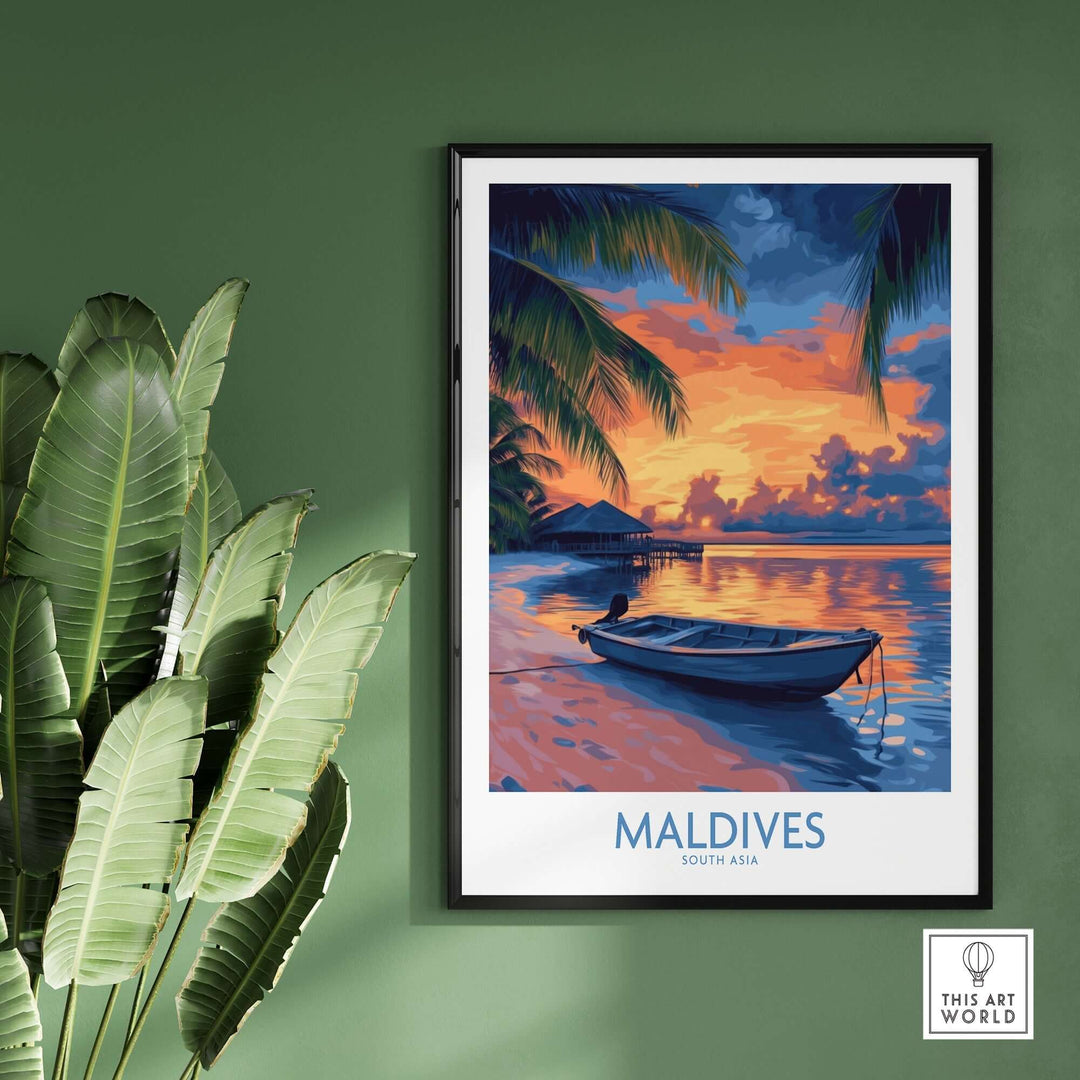 Beautiful Maldives wall art print featuring a sunset over the water, framed with tropical leaves in the background.