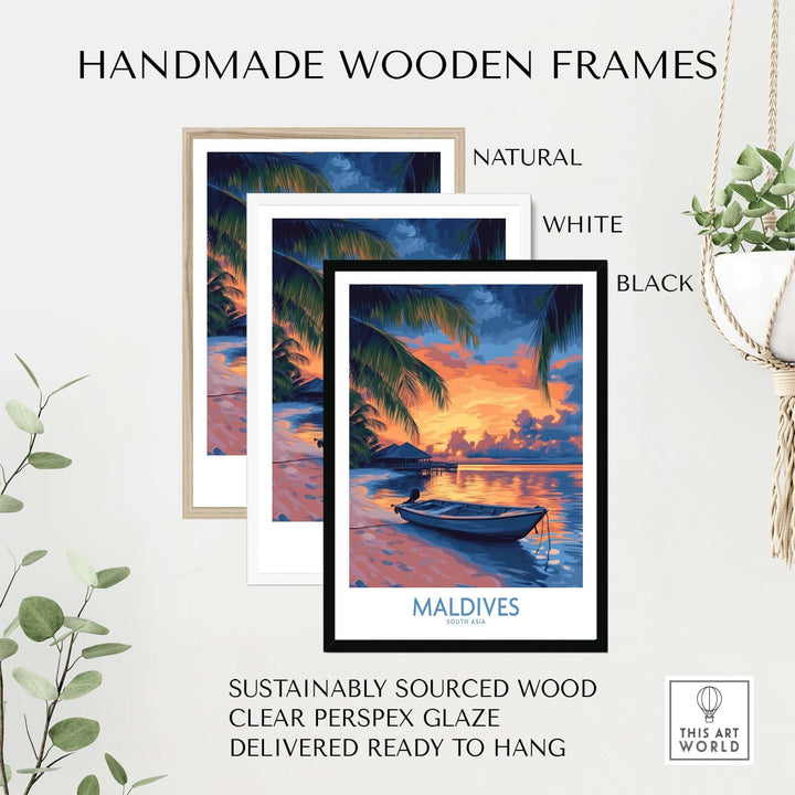 Handmade wooden frames in natural, white, and black for Maldives sunset wall art, sustainably sourced and ready to hang.