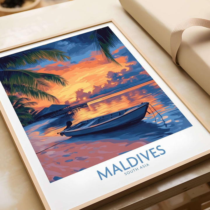 Maldives wall art print featuring a sunset scene with a boat and vibrant colors, perfect for home decor.