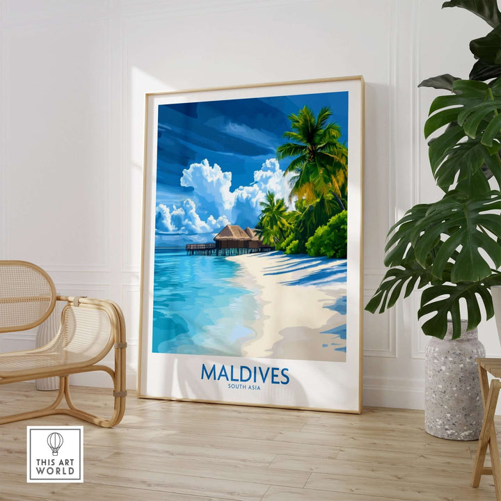 Maldives wall art print featuring a tropical beach scene with palm trees and a serene blue ocean.