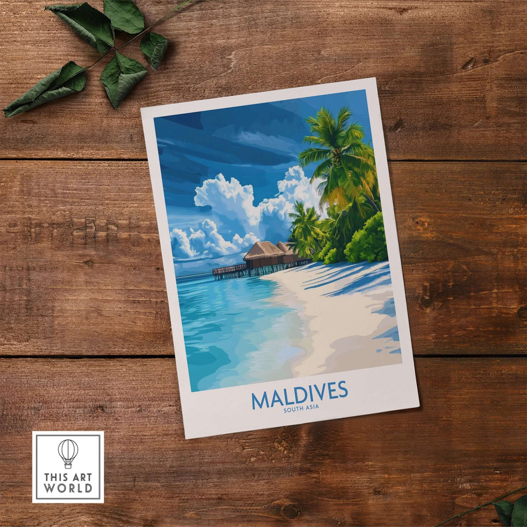 Maldives wall art print featuring a tropical beach scene with palm trees and tranquil water, ideal for home decor.