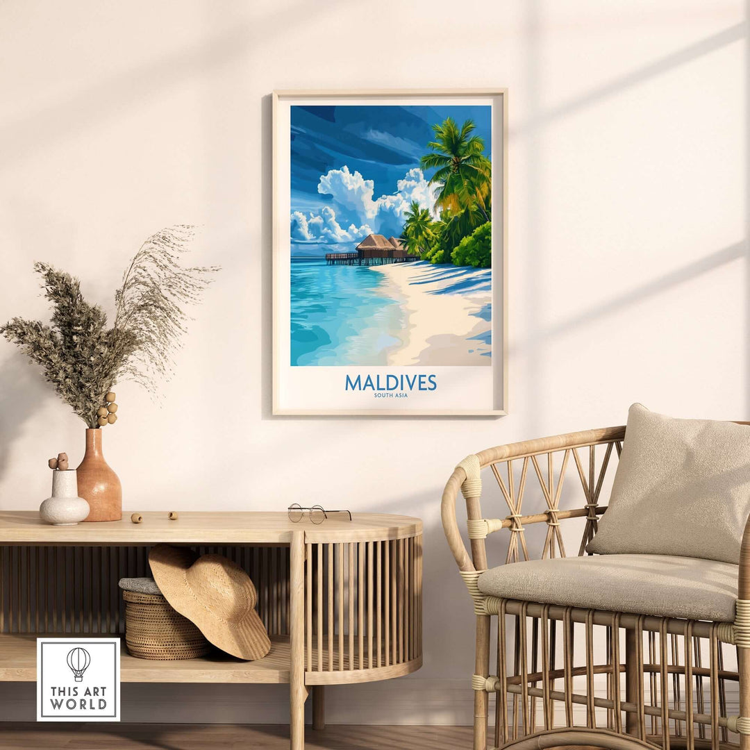 Maldives wall art print showcasing a tropical beach scene with palm trees, blue sky, and a wooden hut.