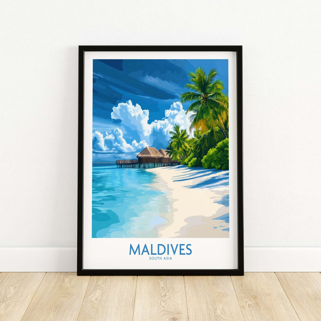 Maldives wall art print featuring a tropical beach scene with palm trees and clear blue water.