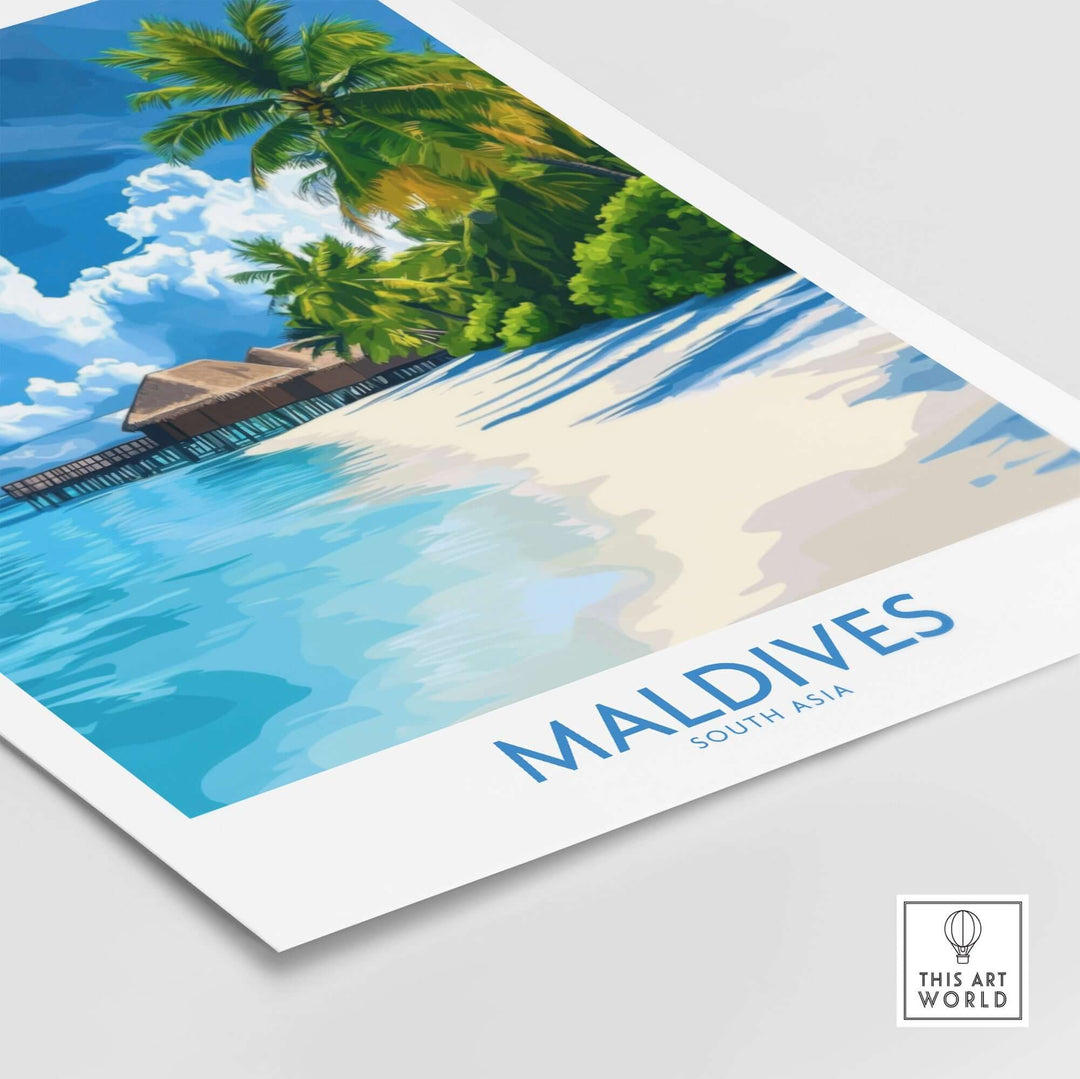 Maldives wall art print featuring tropical beach and palm trees, vibrant colors, showcasing serene South Asian scenery.