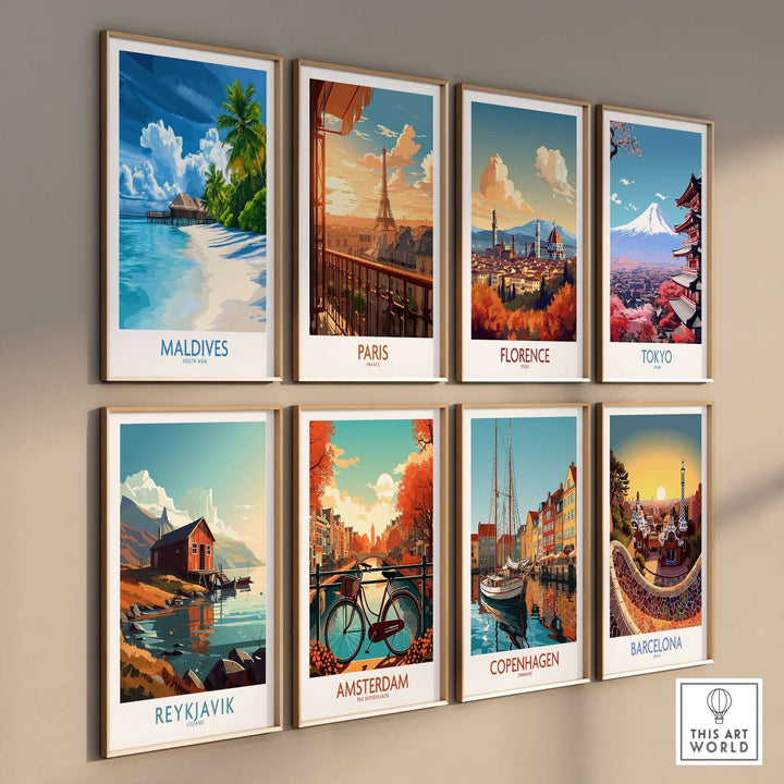 Collection of vibrant travel wall art prints featuring Maldives, Paris, Florence, Tokyo, Reykjavik, Amsterdam, Copenhagen, and Barcelona.