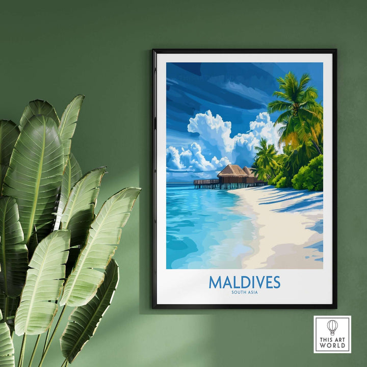 Beautiful Maldives wall art print featuring a tropical beach scene with palm trees and clear blue waters.