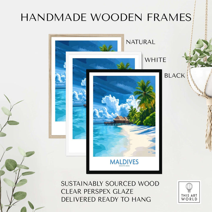 Handmade wooden frames for tropical Maldives wall art print, featuring natural, white, and black options, sustainably sourced wood.