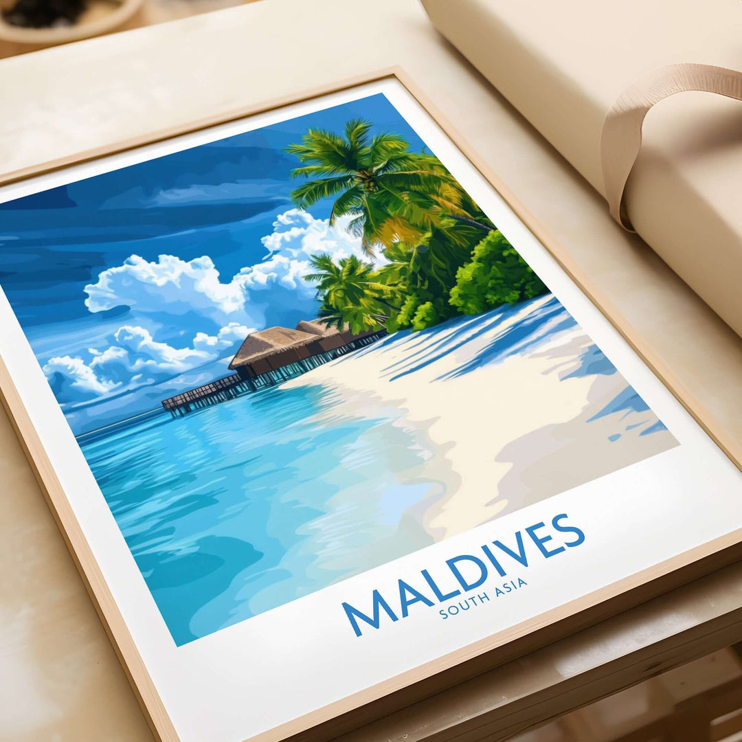 Vibrant Maldives wall art print featuring a tropical beach scene with palm trees and clear blue water.