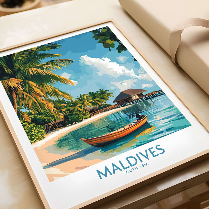 Vibrant Maldives wall art print featuring a tropical beach, palm trees, and a traditional boat in clear waters.