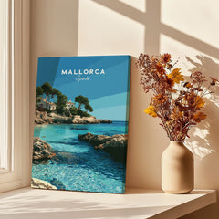 Mallorca Spain Coastal Cove Travel Poster — canvas print window setting with shadows flowers