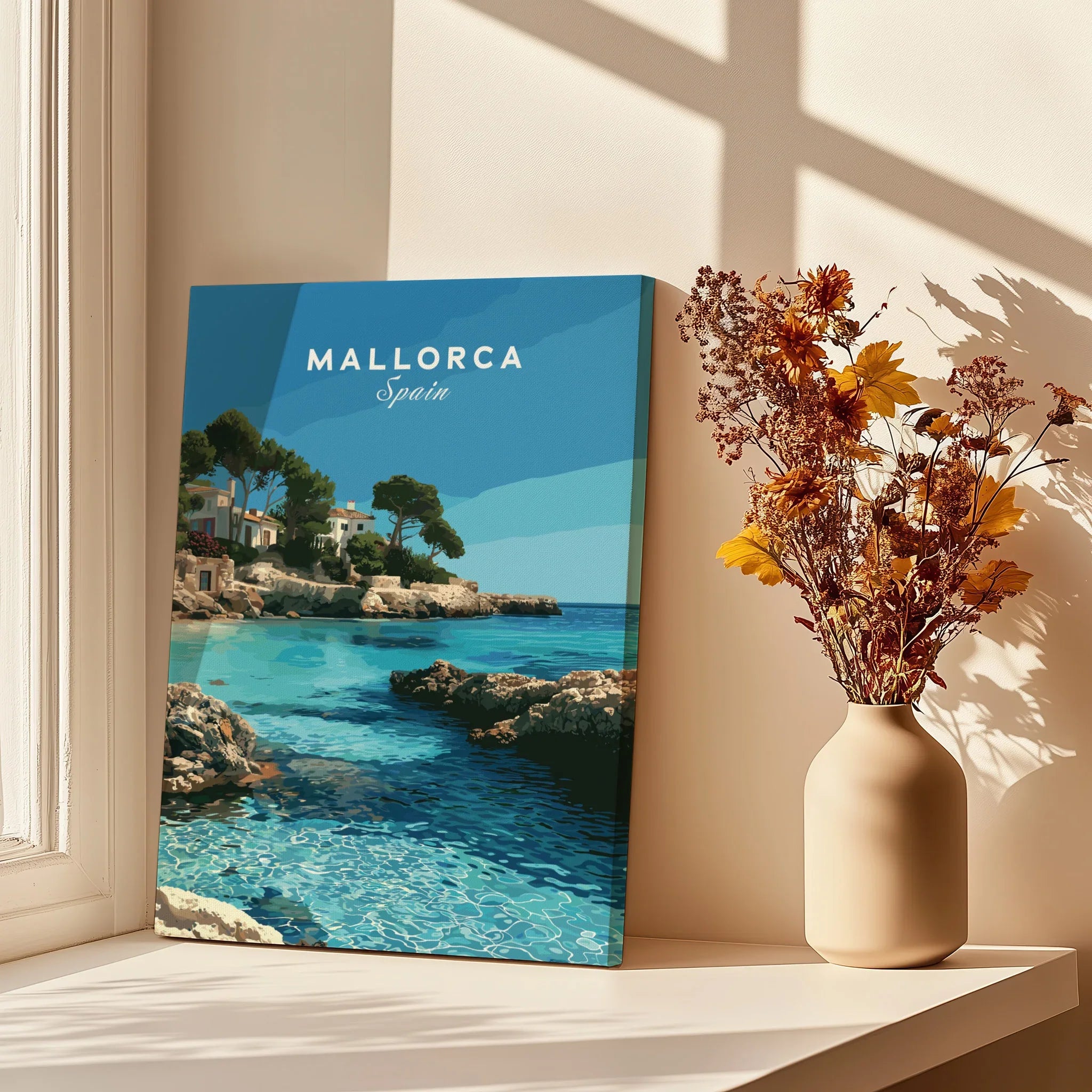 Mallorca Spain Coastal Cove Travel Poster — canvas print window setting with shadows flowers