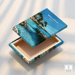 Mallorca Spain Coastal Cove Travel Poster — stretched canvas print floating detail mirror edge