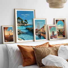 Mallorca Spain Coastal Cove Travel Poster — set five framed artprints above bed natural wood frames