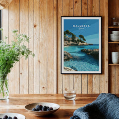 Mallorca Spain Coastal Cove Travel Poster — black framed art print kitchen setting