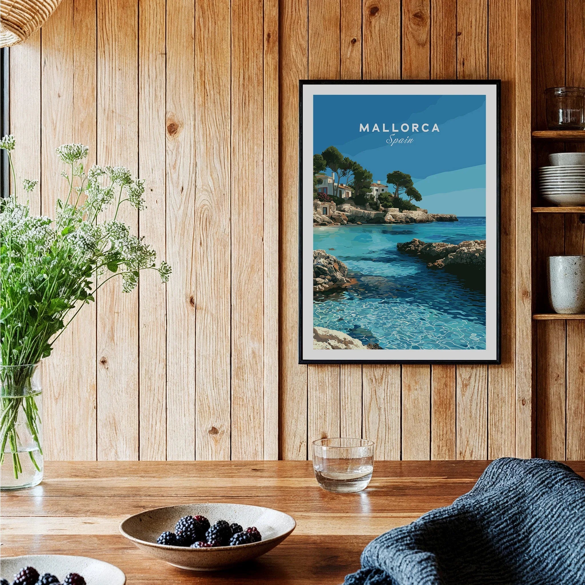 Mallorca Spain Coastal Cove Travel Poster — black framed art print kitchen setting