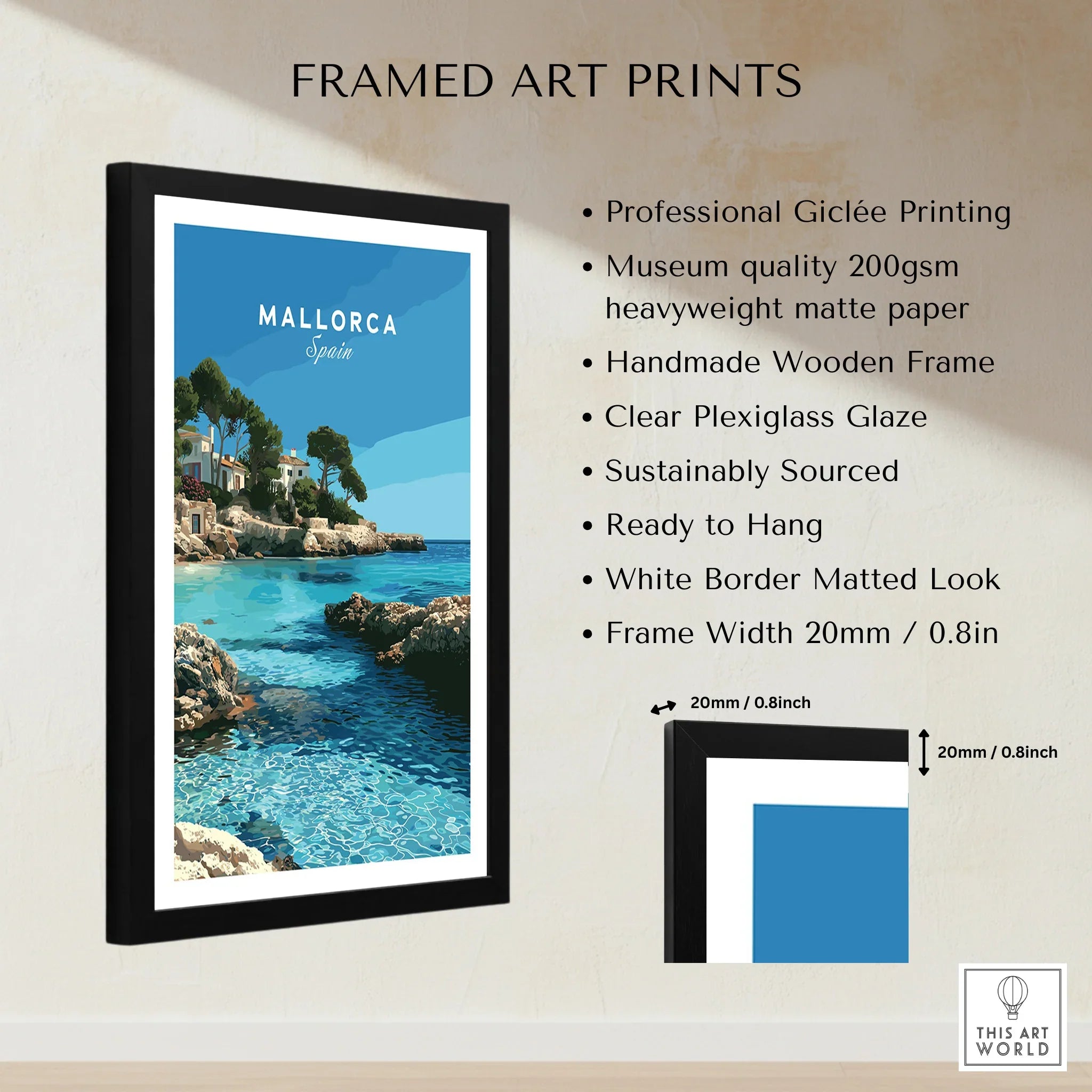 Mallorca Spain Coastal Cove Travel Poster — framed print details measurements quality details