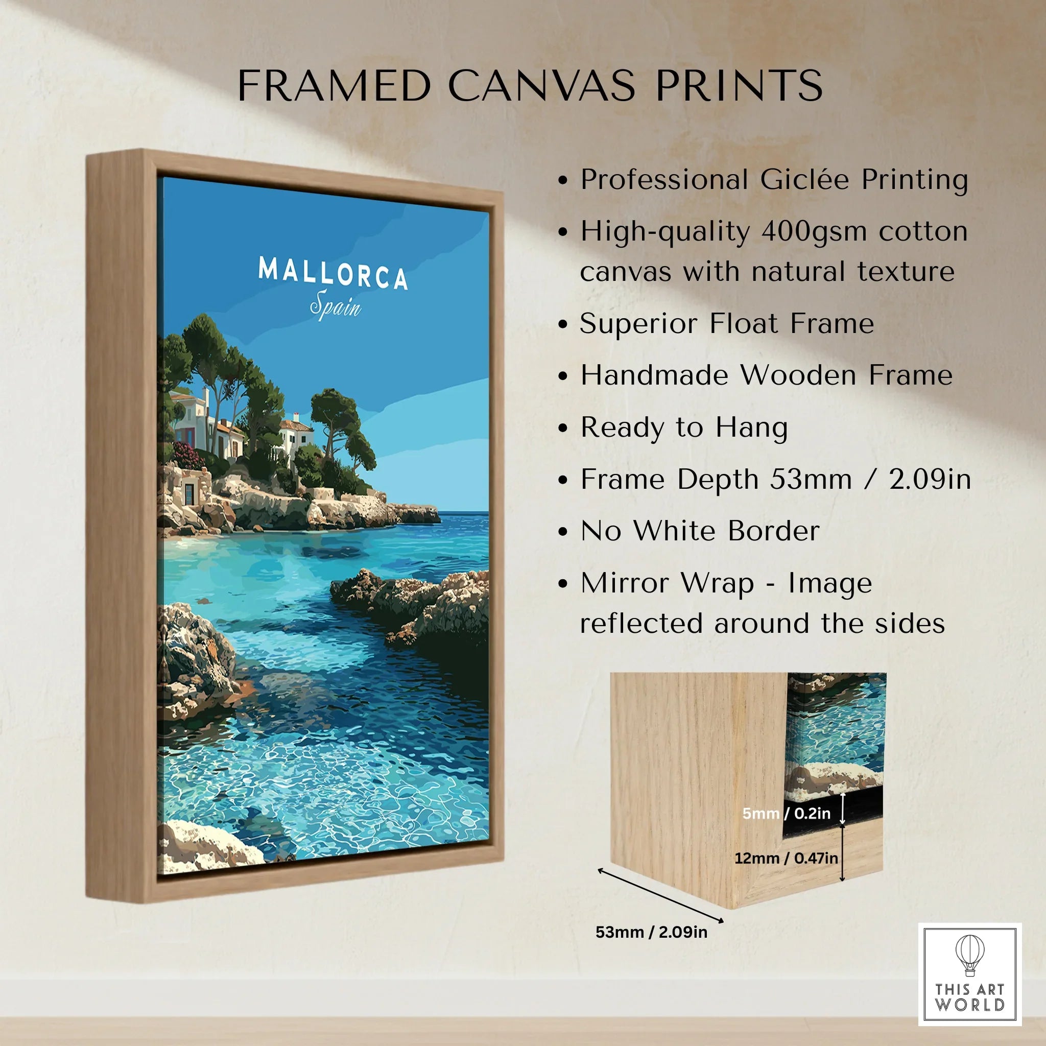 Mallorca Spain Coastal Cove Travel Poster — framed canvas float frame details quality