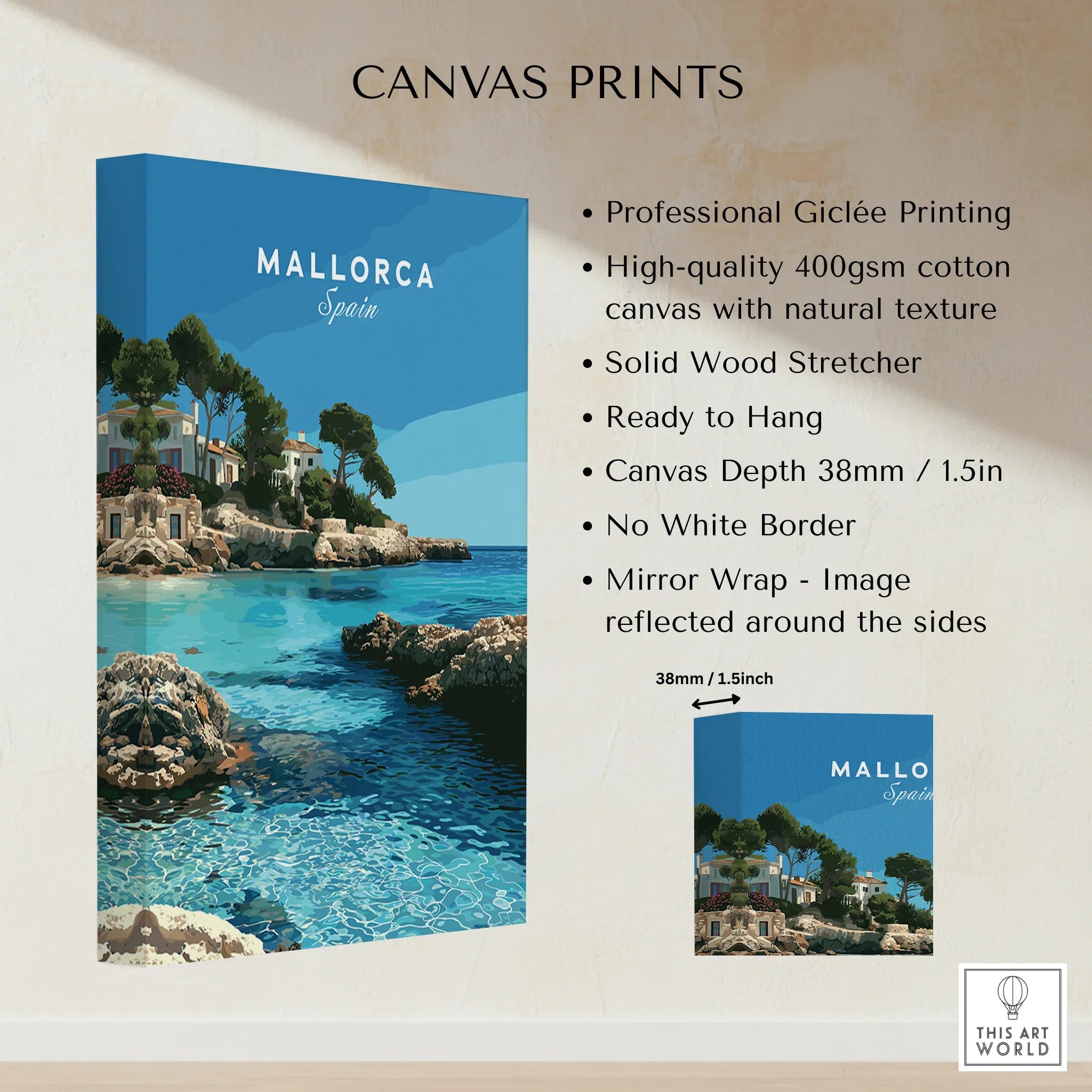 Mallorca Spain Coastal Cove Travel Poster — canvas print stretched cotton canvas details