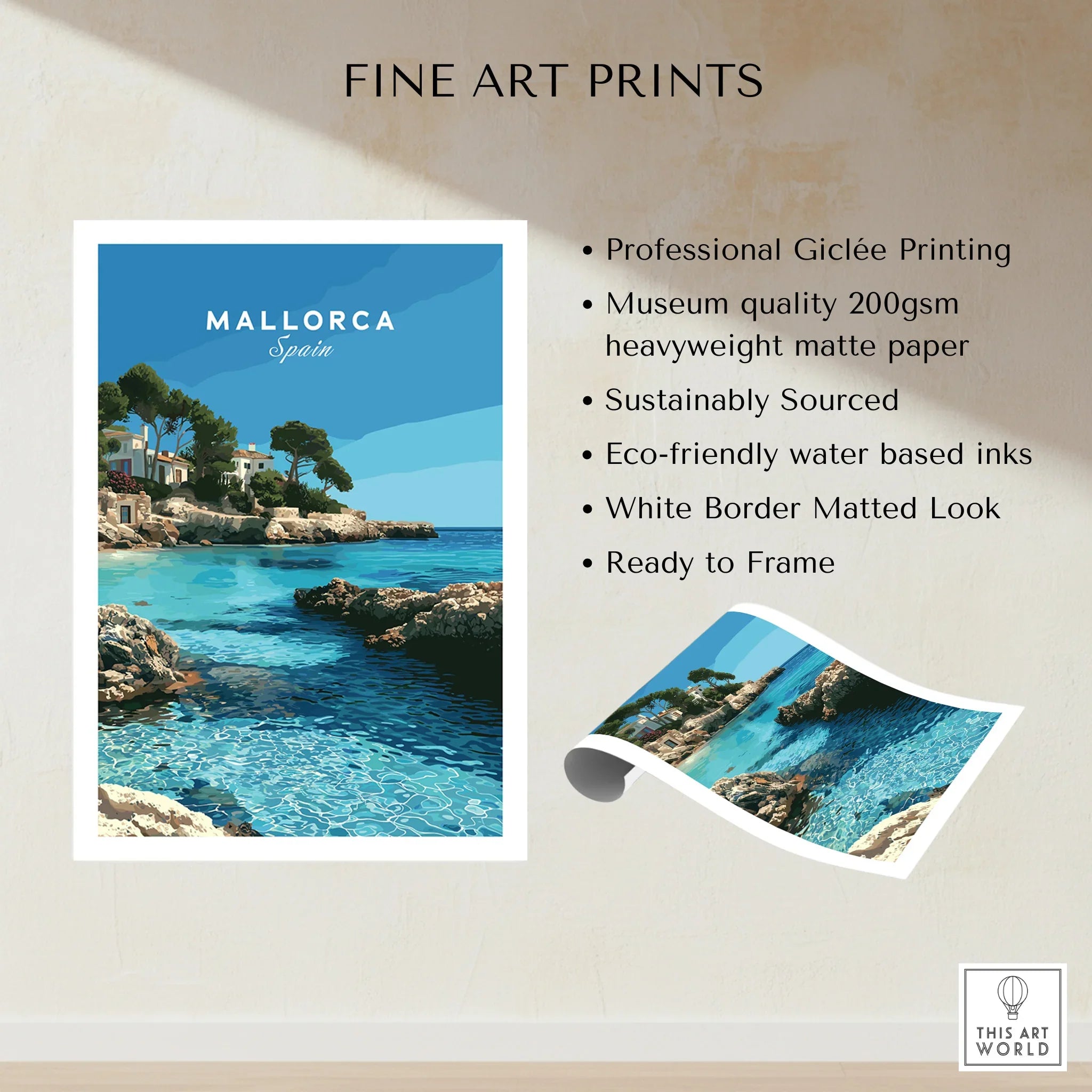 Mallorca Spain Coastal Cove Travel Poster — fine art print unframed quality details