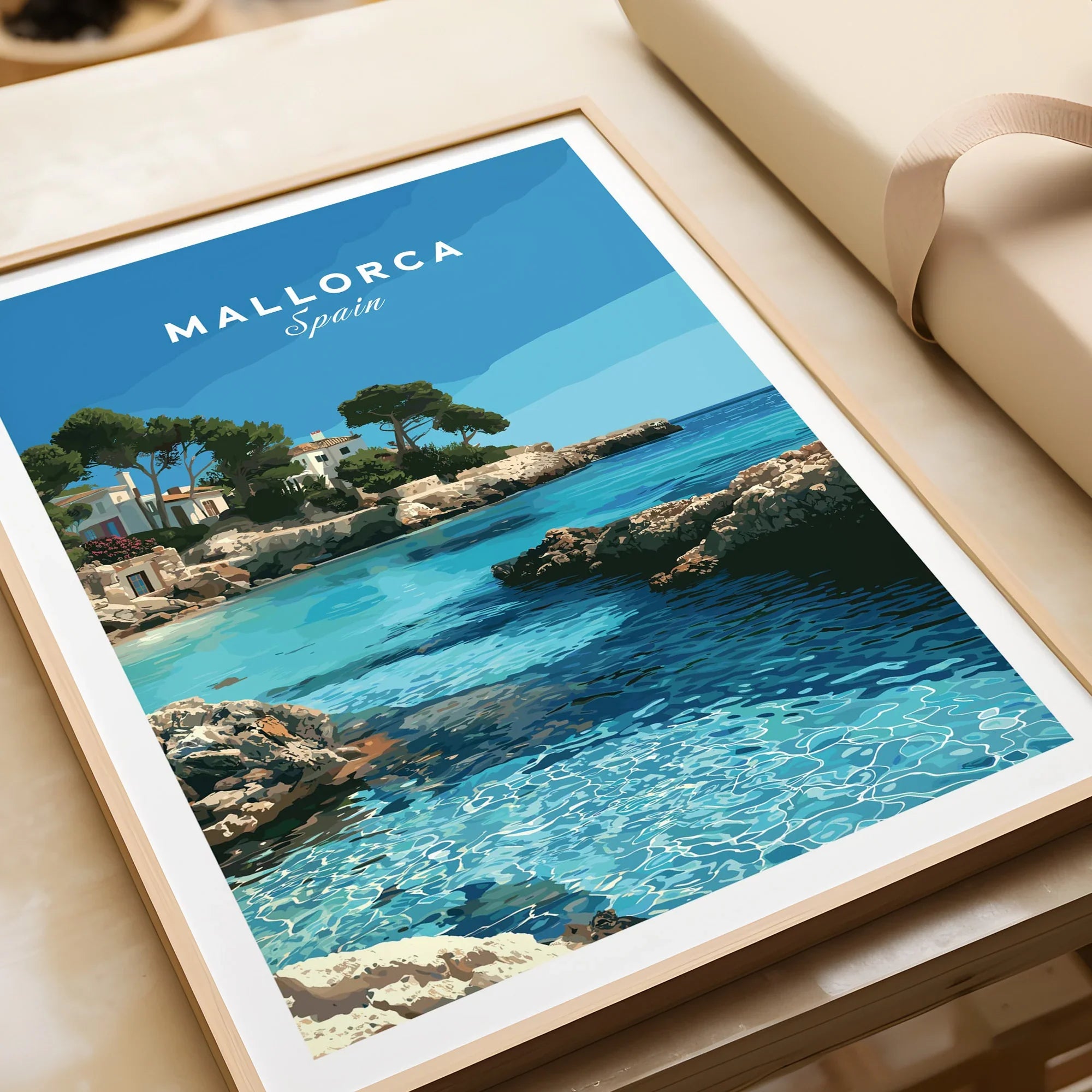 Mallorca Spain Coastal Cove Travel Poster — framed art print closeup gift unwrapped natural frame