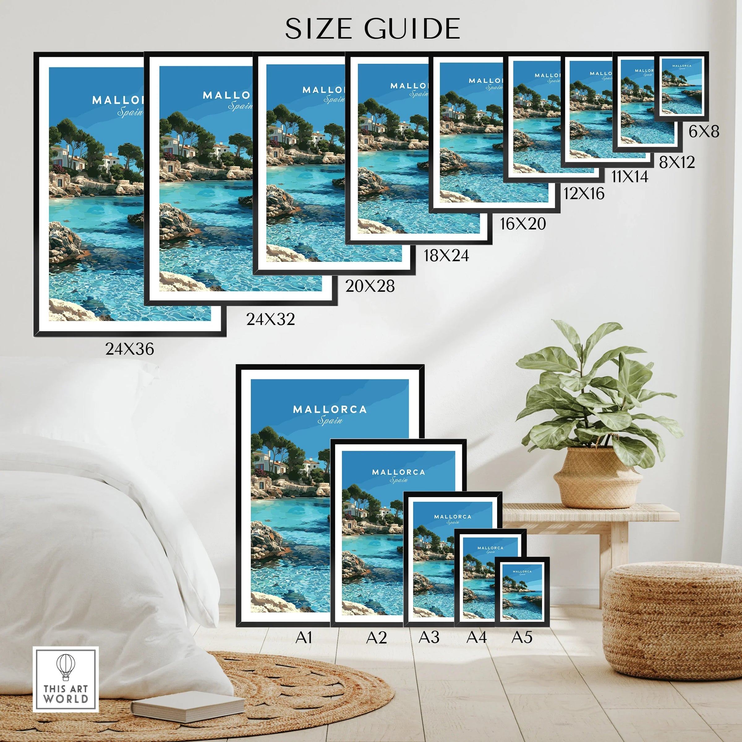 Mallorca Spain Coastal Cove Travel Poster — wall art poster size guide thisartworld
