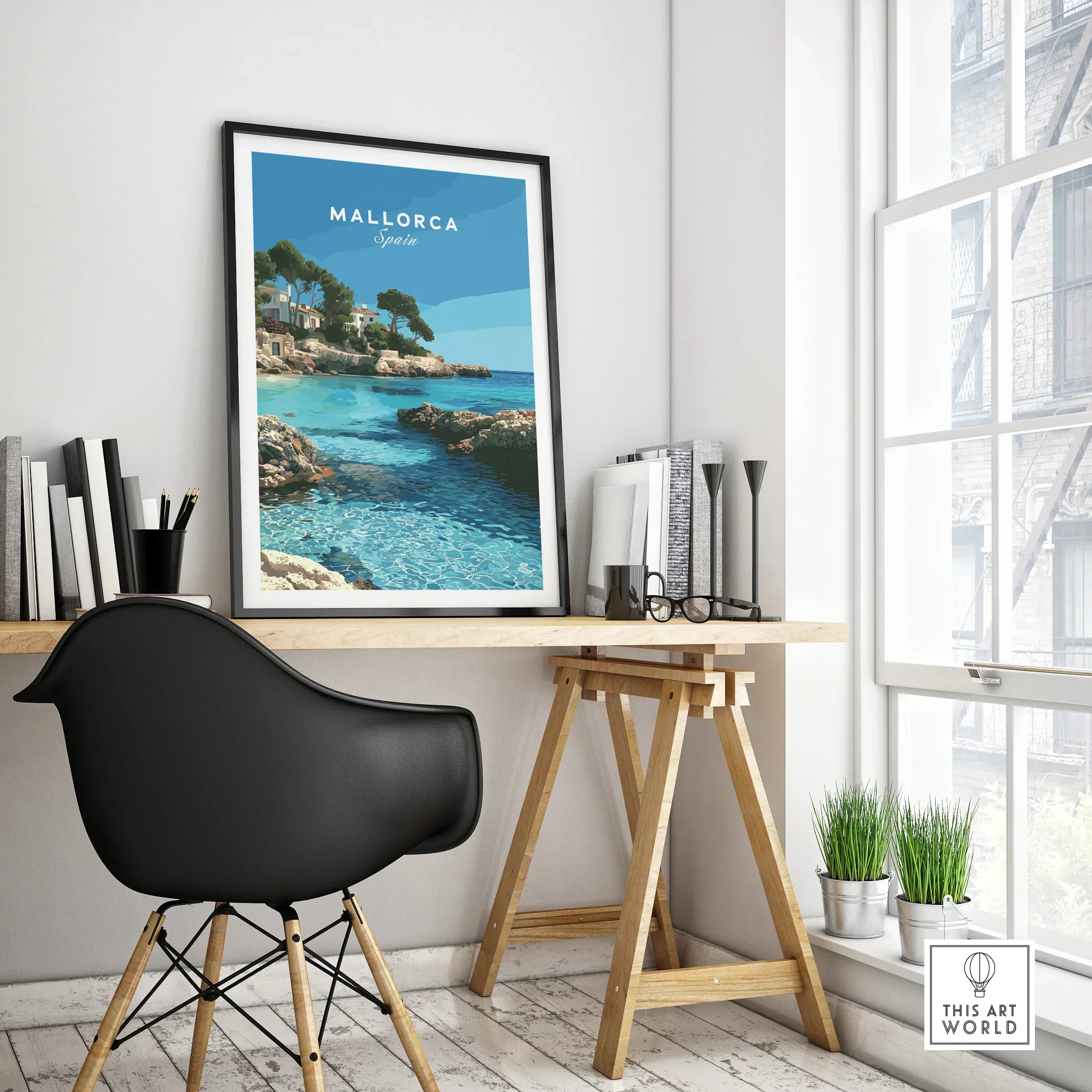 Mallorca Spain Coastal Cove Travel Poster — framed poster black frame on office desk modern