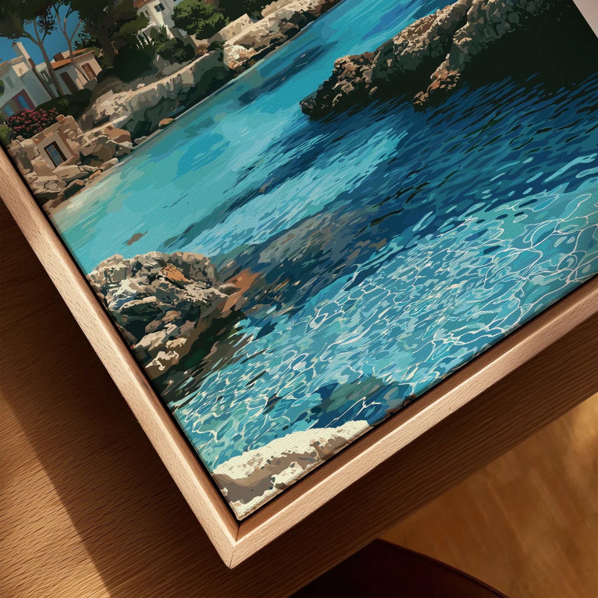 Mallorca Spain Coastal Cove Travel Poster — closeup framed canvas natural wood floating frame