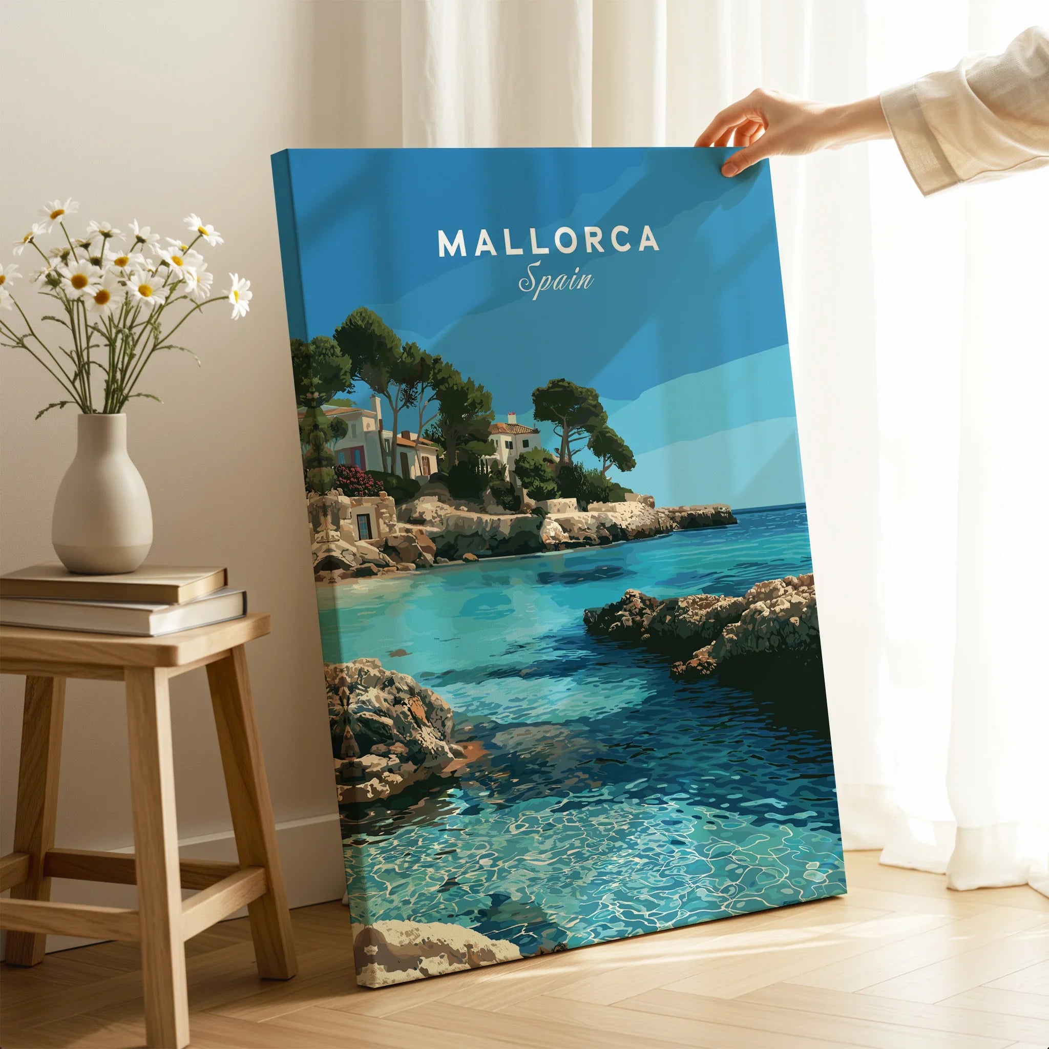 Mallorca Spain Coastal Cove Travel Poster — canvas print mirror edge hand holding room setting